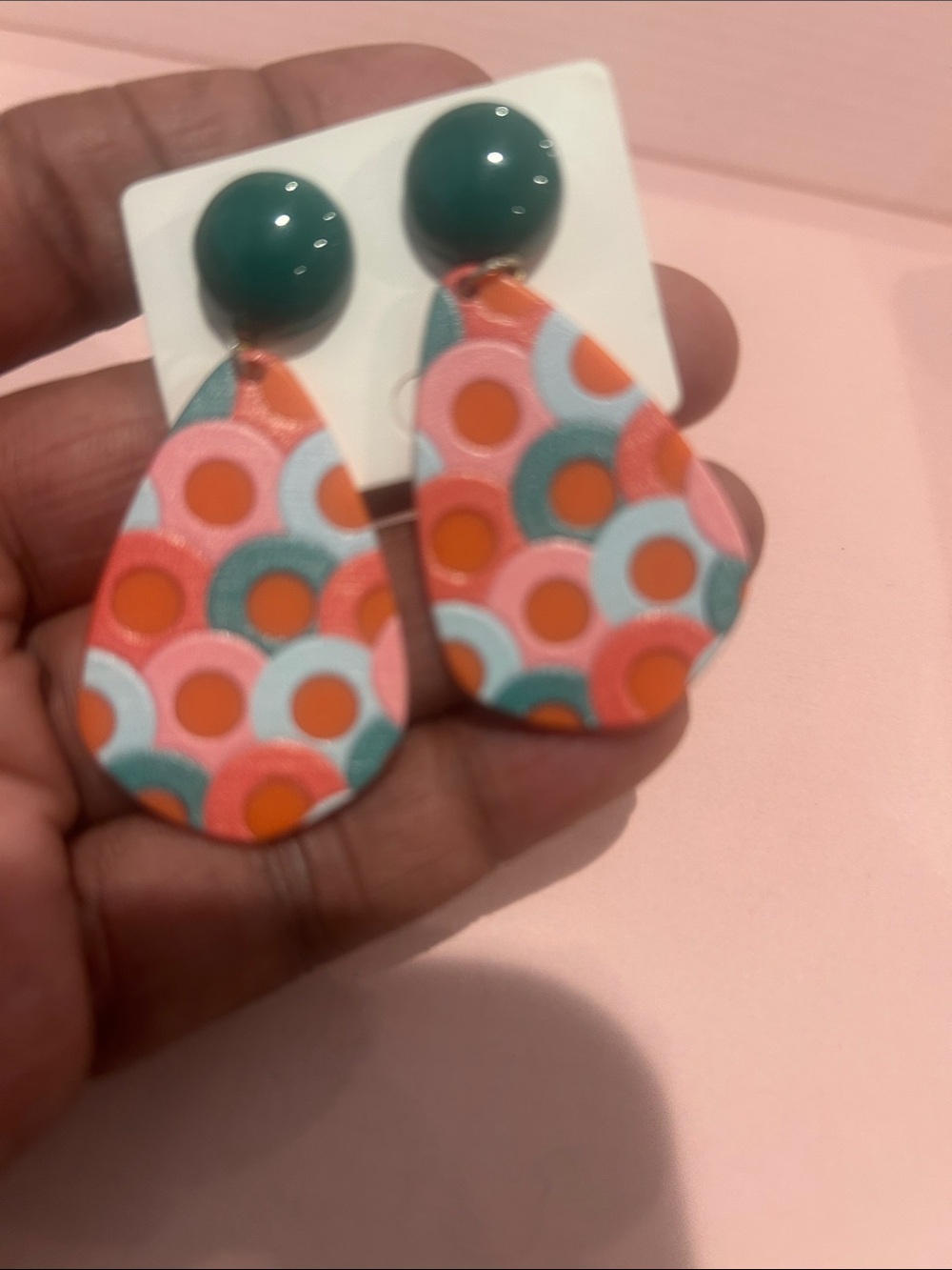 Colorful Teardrop Pattern Resin Earrings - Pink & Teal